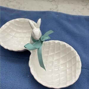 Mud PieWhite Ceramic Bunny Double Dish with Aqua Ribbon
